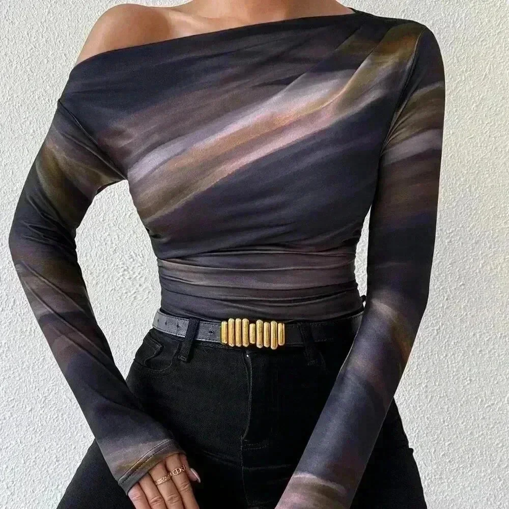 Casual Women's Marble Gradient Print Asymmetrical Neck top - Picture 5 of 6